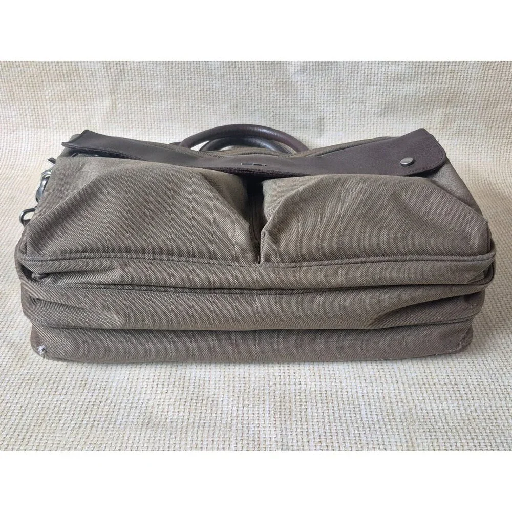 SOLO Green Canvas Brown Briefcase Laptop Case Messenger Bag Multi-Pocket